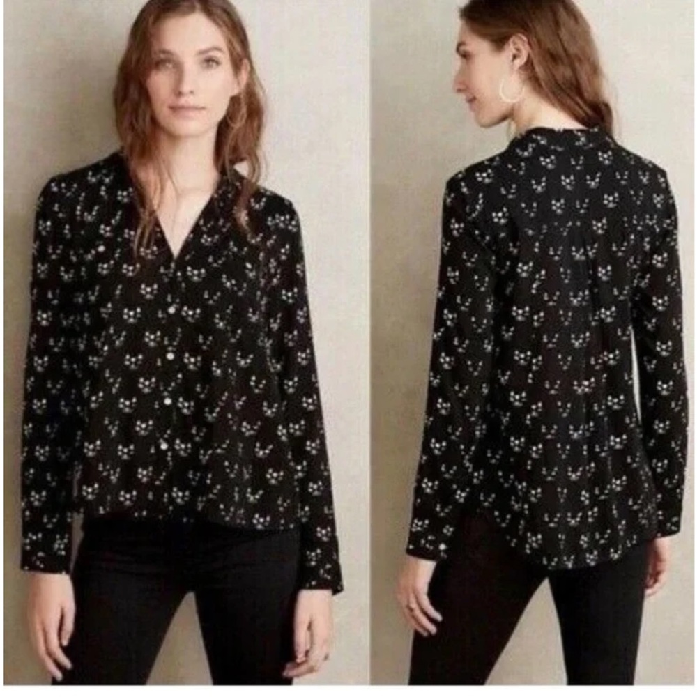 Anthro Maeve Conversationalist Cat Print Shirt | Size 8